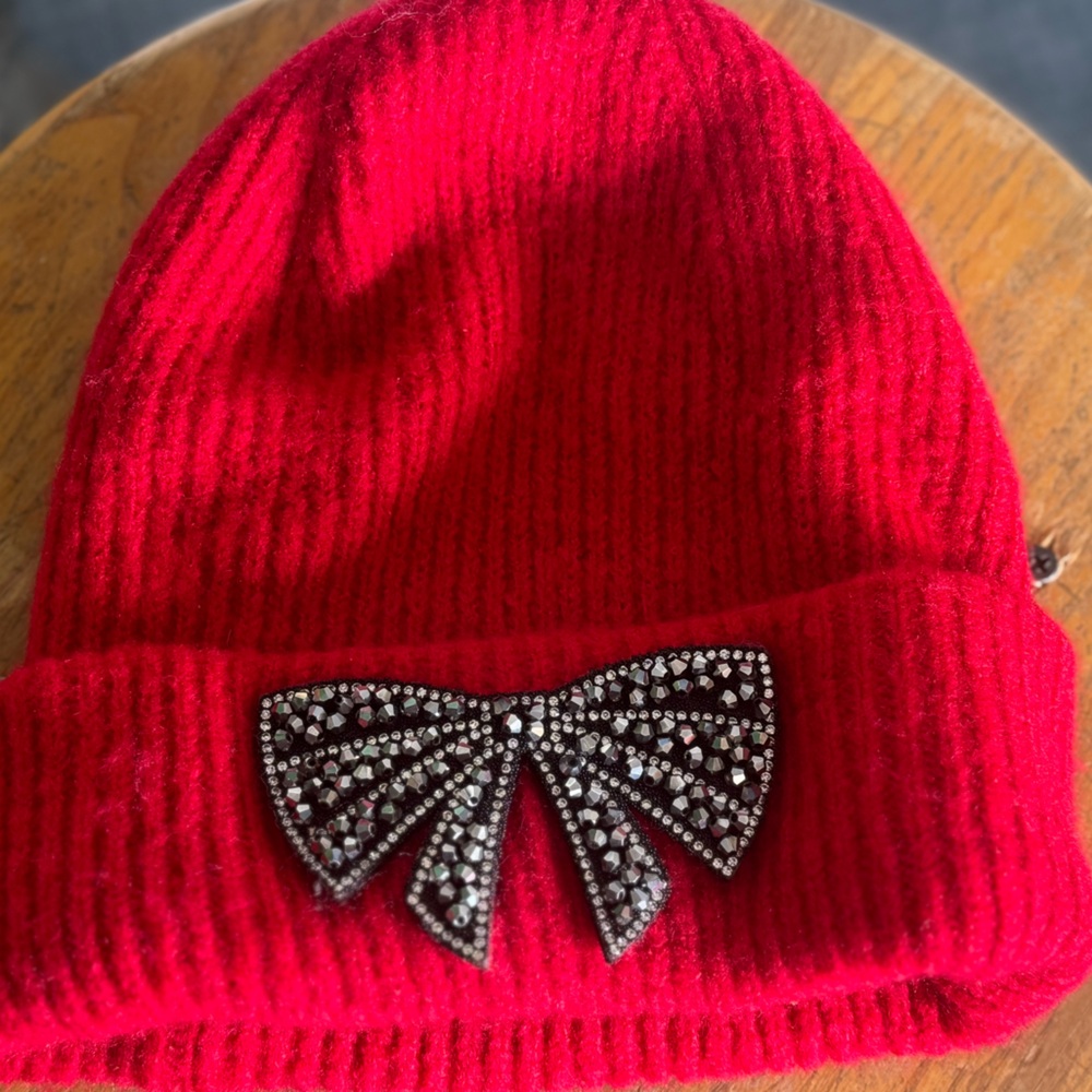 Natasha Couture Vibrant Red with Rhinestone Bow Beanie-NWOT